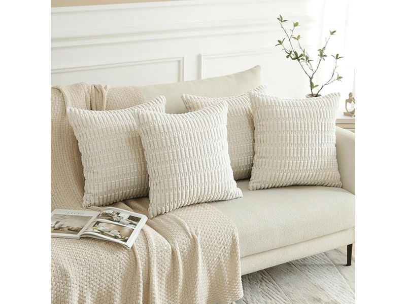  Lot de 4 housses de coussin décoratives en velours côtelé doux 45 x 45 cm, carrées à rayures pour canapé, chambre, ferme, taies d'oreiller de décorat, blanc  - Conforama D