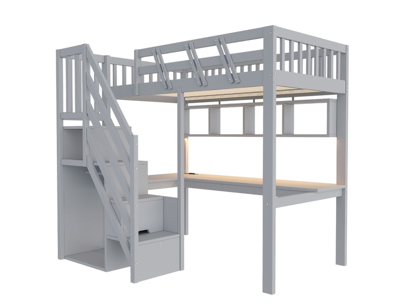  Lit mezzanine enfant 90x200 cm avec bureau, rangements, led et usb, gris, sans matelas  - Conforama E