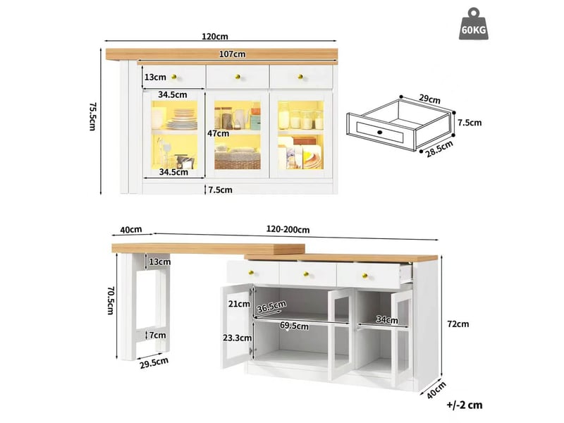  Table extensible avec 3 tiroirs, 3 portes vitrées et led pour cuisine et salle à manger en mdf blanc  - Conforama D