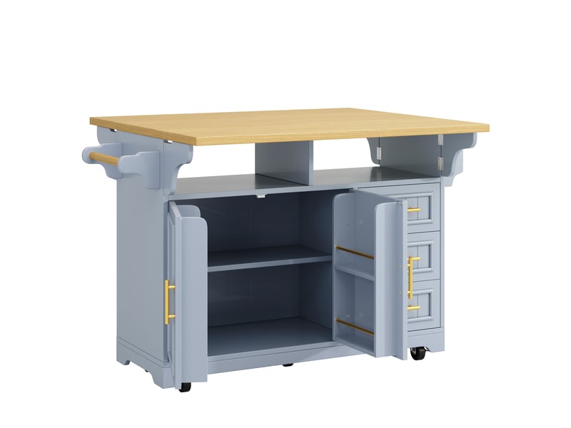 Îlot de cuisine, 120 × 40 × 95 cm, 2 portes et 3 tiroirs, mdf, bleu, roulettes verrouillables pour un déplacement facile  - Conforama E