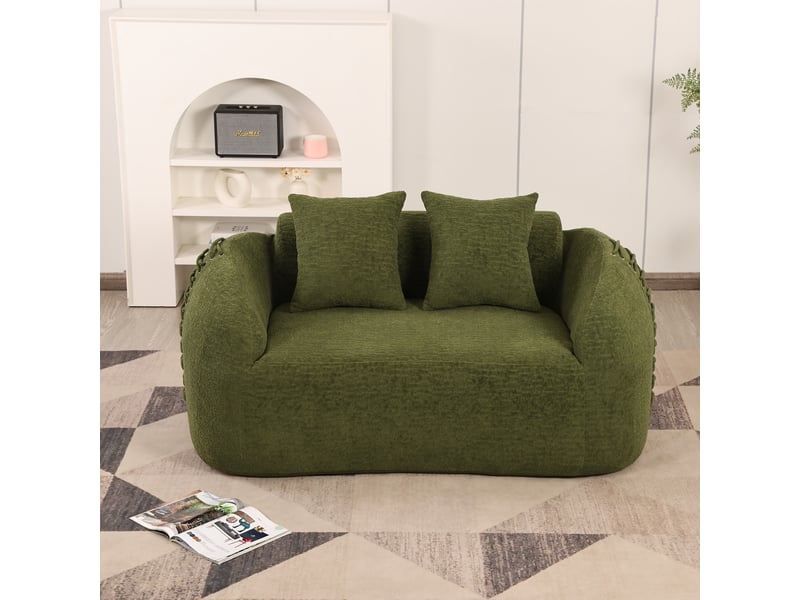  Canapé compressé 2 places 155x90x67 cm sans montage, sans structure, accoudoirs avec lacets, 2 coussins, mousse, tissu chenille vert  - Conforama C