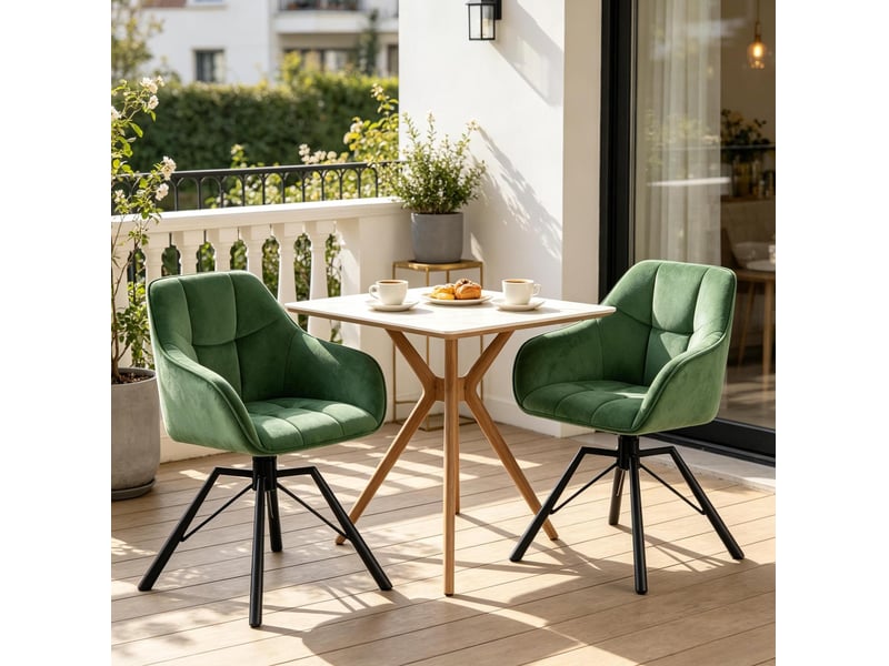  Chaise de salle à manger lot de 2 pivotante avec accoudoirs et dossier rembourré en velours et métal vert foncé  - Conforama D