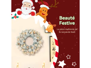 Couronne de noël lumineuse 60 cm avec 35 led blanc chaud, minuterie, pommes de pin, 98 pointes, vert et blanc