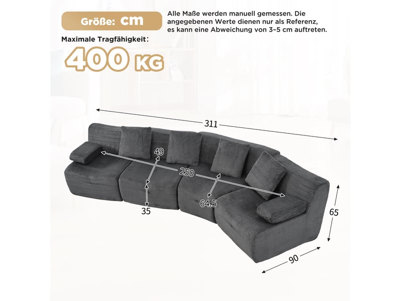 Canapé modulaire compressé 4 places à modules libres sans montage en velours côtelé gris foncé, 311 × 90 × 65 cm - Conforama C