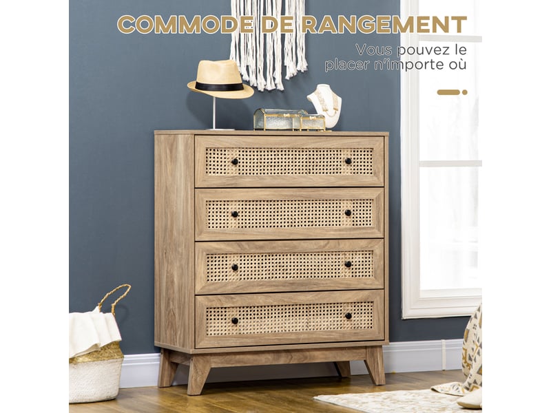 Commode 4 tiroirs meuble de rangement cannage en rotin 80 x 35 x 95 cm aspect bois clair  - Conforama A