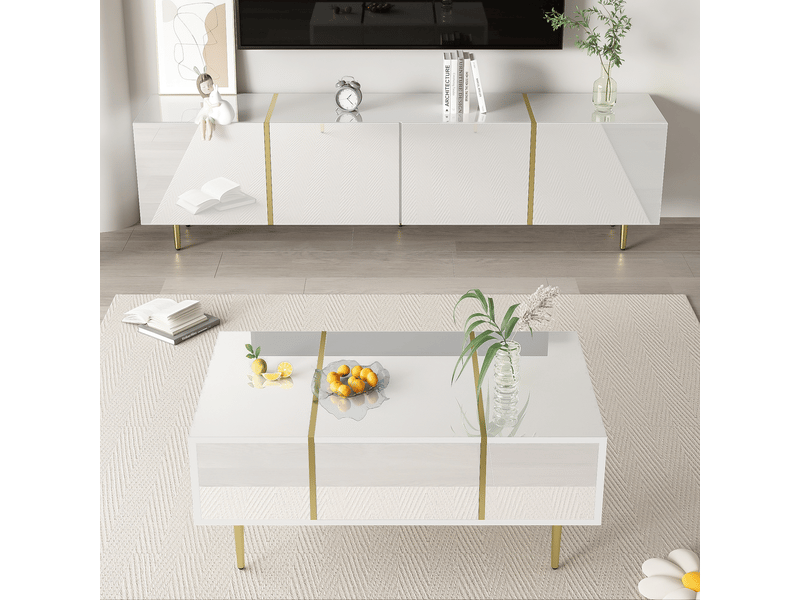  Meuble tv design moderne brillant blanc avec table basse incluse meuble tv contemporain  - Conforama B