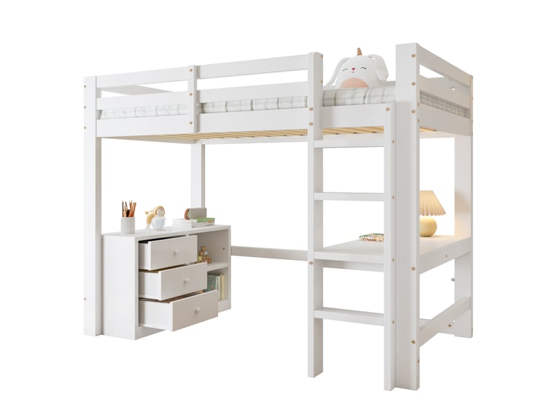  Modenvie lit mezzanine enfant 90x200 cm - avec bureau intégré, armoire à tiroirs, sans matelas - blanc  - Conforama A