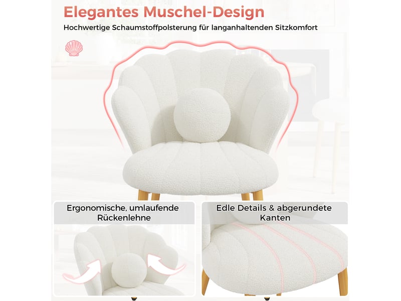 Chaise de salle à manger lot de 6 avec dossier coquillage et coussin rond, pieds en fer, tissu bouclé blanc  - Conforama D