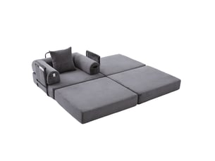 Fauteuil modulable 1 place en velours côtelé gris foncé avec repose-pieds et coussin