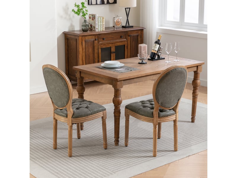  Lot de 2 chaises de salle à manger 49x44.5x95cm – avec dossier ovale capititonné et châssis en bois massif – simili cuir - vert olive  - Conforama E
