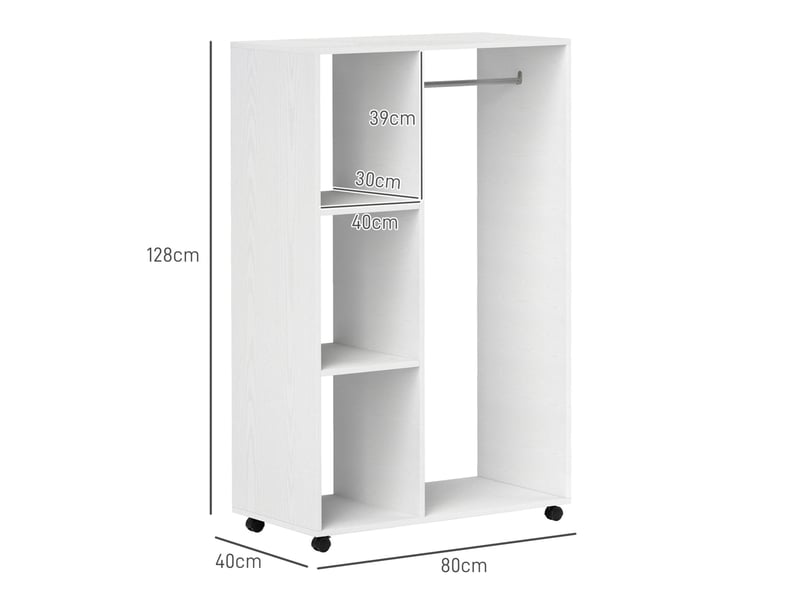  Armoire ouverte à roulettes 80x40x128 cm avec tringle et 3 étagères en panneau de particules blanc  - Conforama E