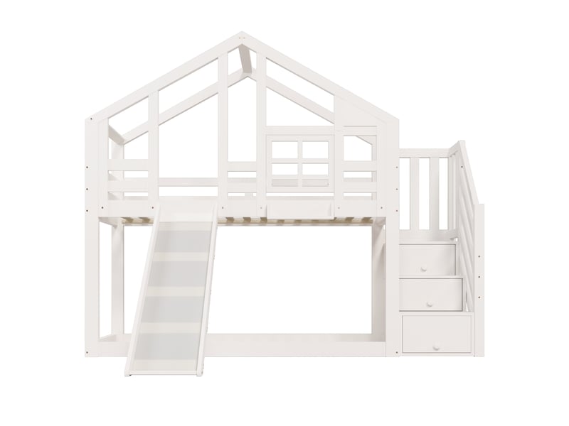  Lit superposé enfant 90x200 cm – blanc – cabane, toboggan, rangements et 2 sommiers à lattes  - Conforama D