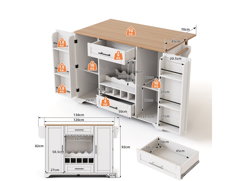  Desserte de cuisine 138x70x92 cm avec plan rabattable, rangements, blanc naturel  - Conforama C