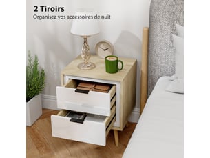 Table de chevet étroite, table d'appoint 2 tiroirs silencieux et pieds en bois massif, blanc brillant, 40 x 35 x 50 cm