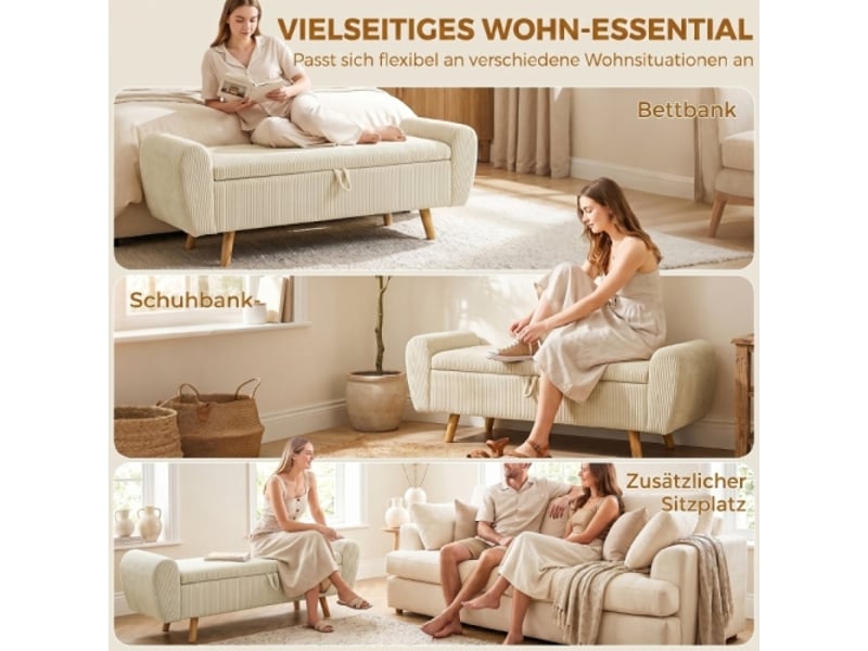  Banc coffre beige rembourré effet côtelé, pieds en bois et accoudoirs roulés, avec rangement  - Conforama B