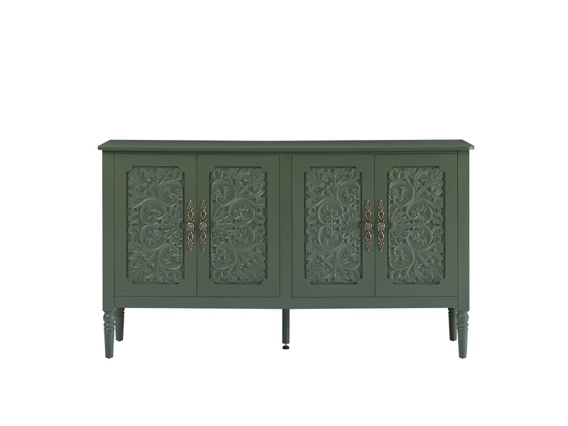  Buffet de rangement avec portes sculptées rétro, poignées métalliques et bords arrondis, pour salon, vert, 160 × 40 × 89 cm  - Conforama A