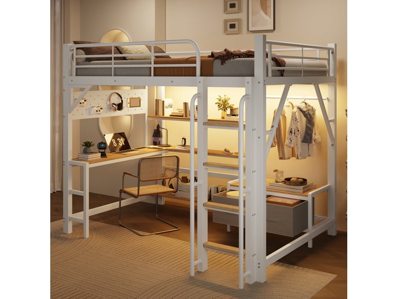  Lit mezzanine enfant 140x200 cm blanc avec bureau, rangements, led et usb, structure métal mdf, sans matelas  - Conforama B