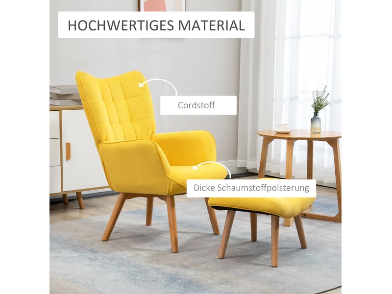  Fauteuil relax avec repose-pieds assorti, dossier haut, accoudoirs et pieds en hêtre, revêtement en polyester jaune  - Conforama D