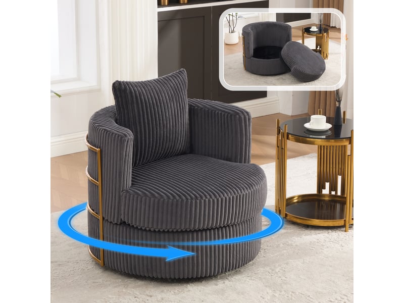 Fauteuil pivotant à 360° en velours côtelé avec rembourrage en mousse haute densité et espace de rangement sous l'assise - gris - Conforama B