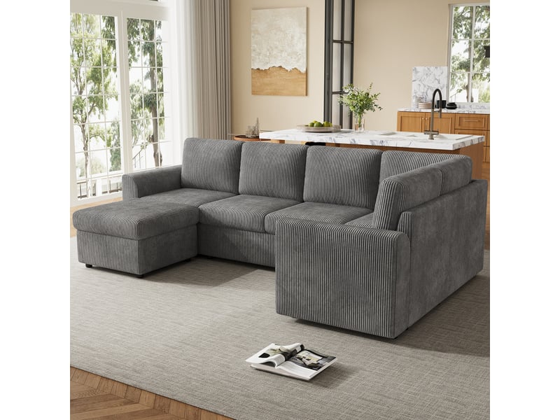  Canapé d’angle modulable 6 places gris en velours côtelé, canapé en l avec pouf amovible, mousse haute densité, grand format pour salon  - Conforama E