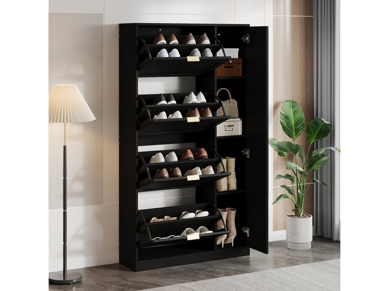 Meuble à chaussures avec miroir 80x24x147 cm, 5 portes, meuble d'entrée, meuble de salon, panneaux de particules, noir  - Conforama E