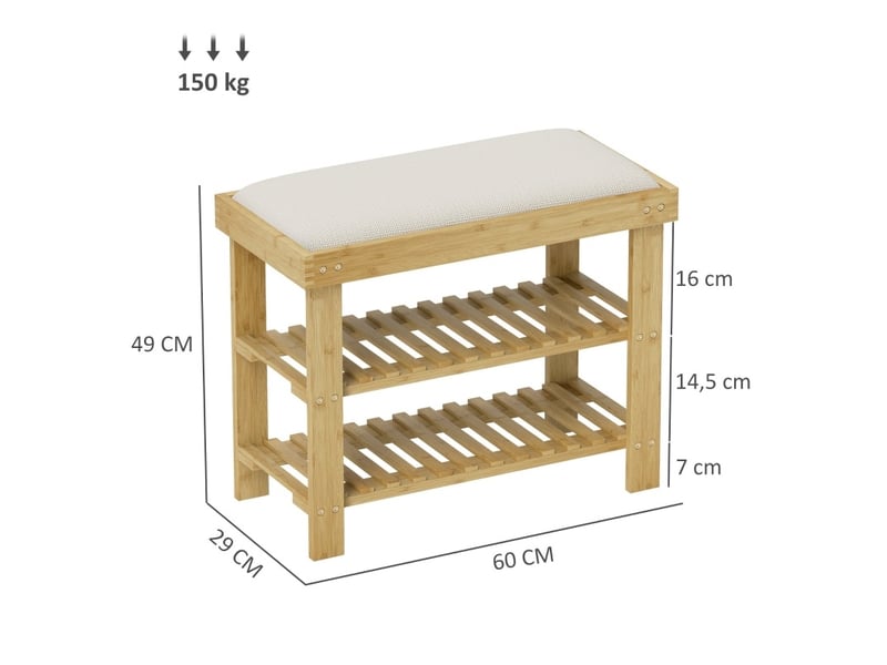  Banc à chaussures 60 x 29 x 49 cm crème et bambou, assise rembourrée, 2 étagères ouvertes pour entrée  - Conforama C