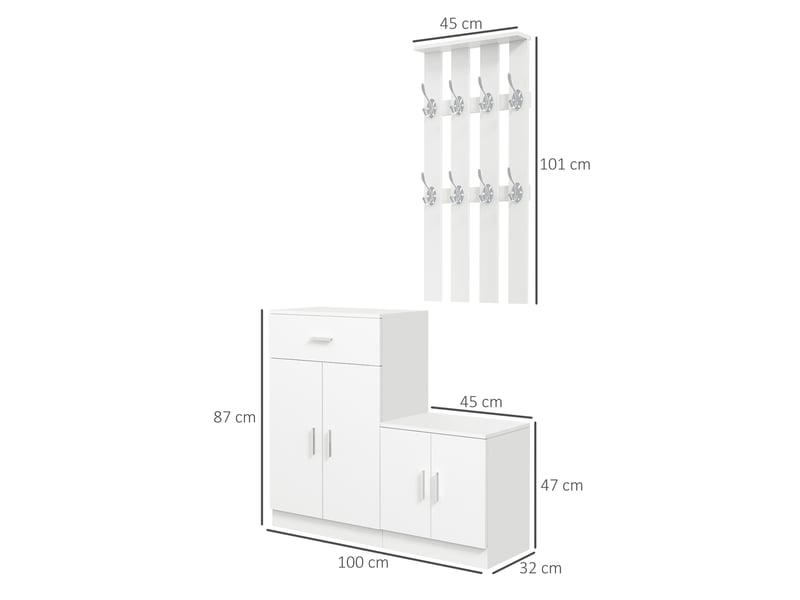  Étagère à chaussures avec porte-manteau intégré pour entrée et chambre, en bois blanc, 100 x 32 x 187 cm  - Conforama E