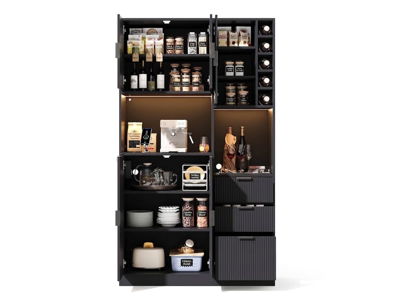  Armoire de cuisine haute noire 180 cm buffet avec éclairage led et prises  - Conforama A