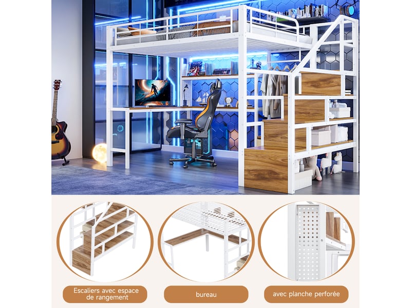  Lit mezzanine blanc 140x200 cm en métal et mdf, sans matelas, bureau, 2 tiroirs, led et rangements d’escalier  - Conforama E
