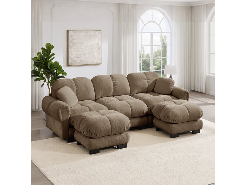  Canapé modulable 3 places modenvie en u avec ottomane mobile, 2 coussins décoratifs, tissu chenille marron, 260 x 149 x 90 cm  - Conforama E
