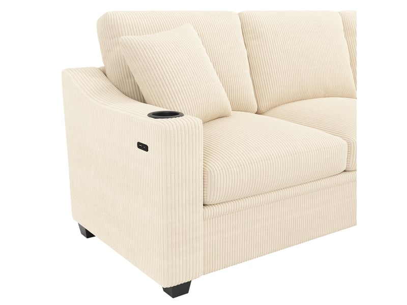  Canapé d’angle modulable 6 places en velours côtelé beige avec usb-c, 277x215x85 cm  - Conforama R
