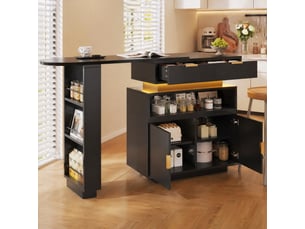 Desserte de cuisine extensible avec 2 tiroirs, niche et portes, led pour cuisine et salle à manger en mdf noir