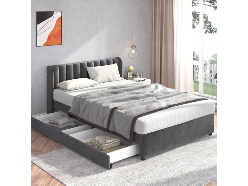  Lit rembourré 160 x 200 cm, sommier à lattes, dossier rembourré, 2 tiroirs de rangement, velours, gris Bliss Lite - Conforama E