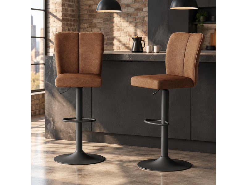  Lot de 2 tabourets de bar réglables,44,5x39,5 cm,pivotants,tissu et métal noir,marron  - Conforama B