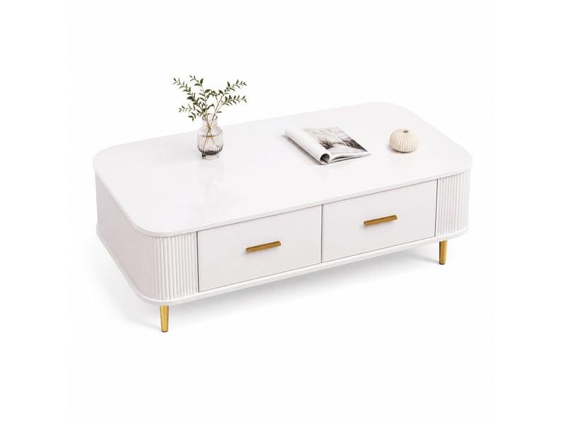  Table basse 4 tiroirs 105 x 51 x 38 cm en mdf blanc avec détails dorés  - Conforama A