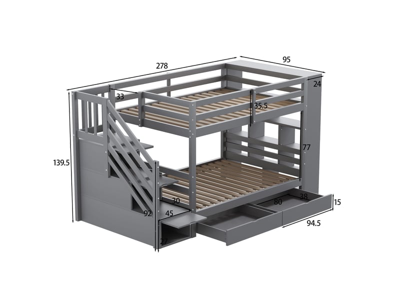 Lit superposé 90x200 cm en pin gris, escalier avec rangements, tiroirs et barrières hautes - Conforama C