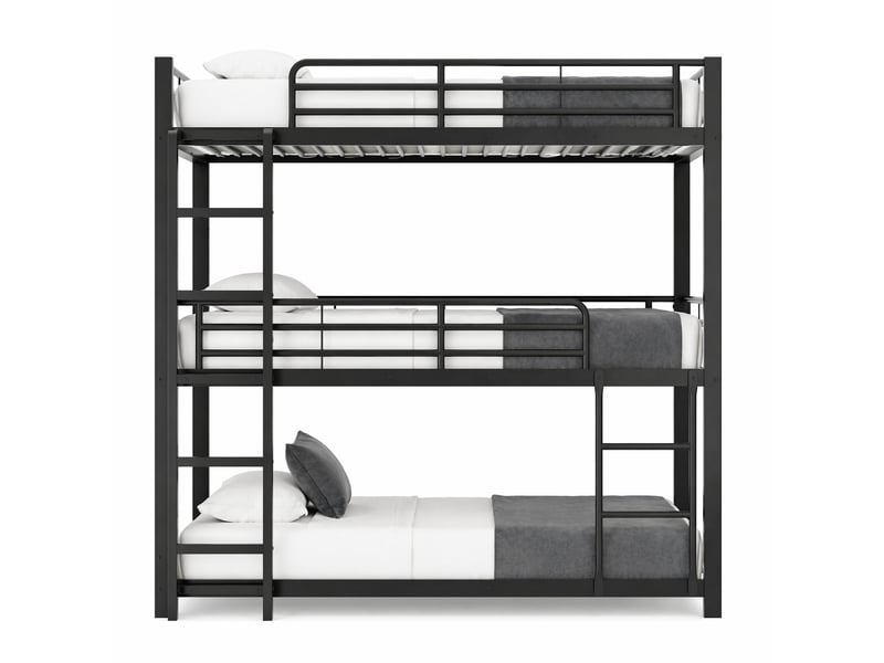  Lit superposé triple 200×90 cm avec garde-corps et échelle fixe, sans matelas, en métal noir  - Conforama A