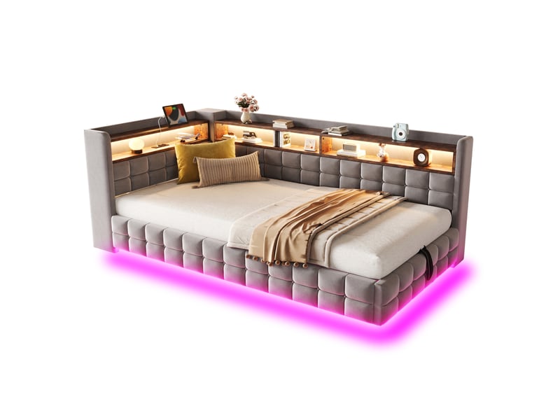  Lit simple 90x200 cm rangement hydraulique, éclairage led en velours gris clair  - Conforama A