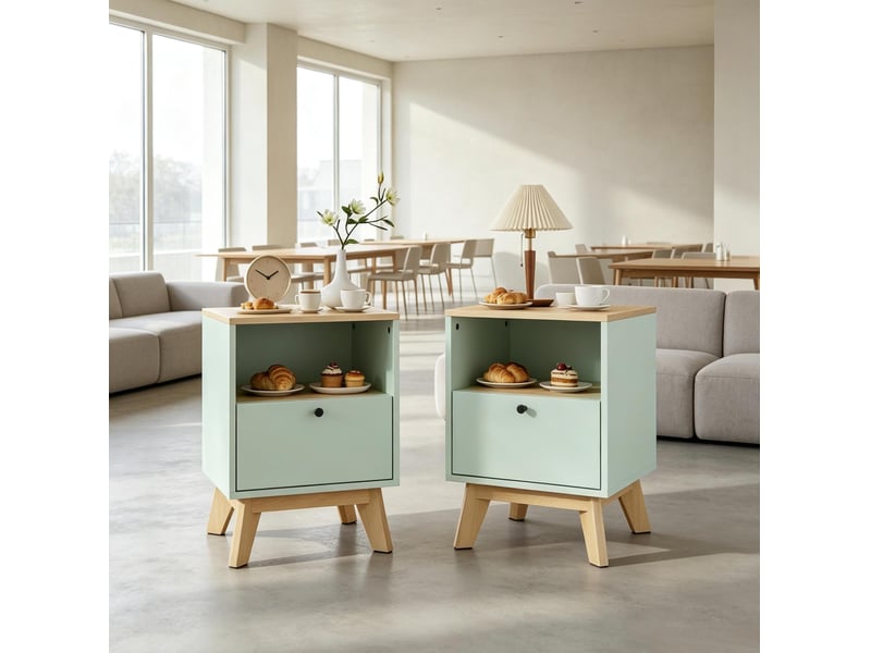 Lot de 2 tables de chevet avec niche ouverte en mdf vert clair et effet chêne - Conforama D