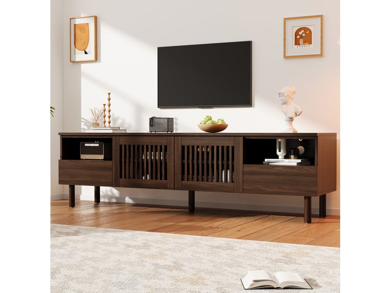  Meuble tv 180x40x51 cm avec 2 portes grillagées et 2 tiroirs, mdf, couleur teinte noyer, design simple  - Conforama E
