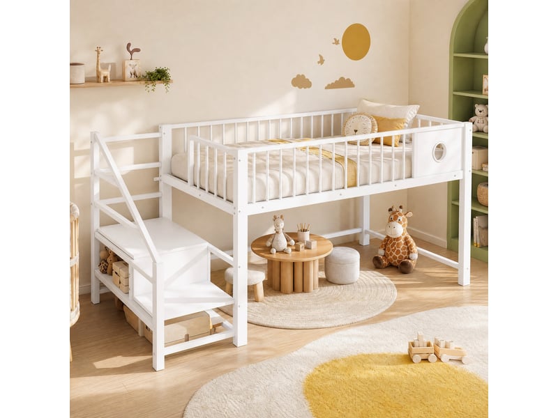  Lit mezzanine 90x200 cm avec échelle de rangement en mdf et métal blanc  - Conforama D