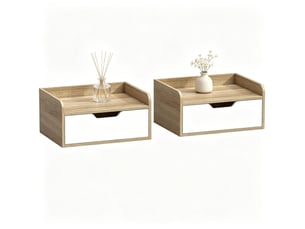 Lot de 2 tables de chevet murales en panneau de particules blanc et bois clair, avec tiroir et plateau à rebords
