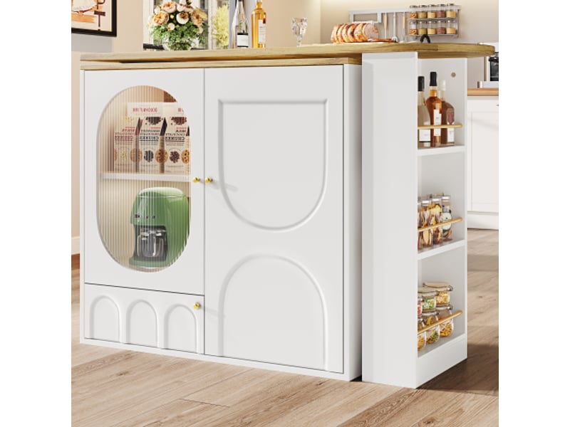  Îlot de cuisine pivotant 360° 138x39x102 cm blancnoir avec rangements et 3 portes, style bar  - Conforama W