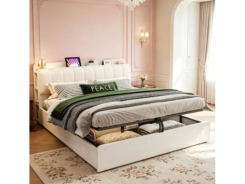  Lit coffre 180x 200 cm, doté de tête de lit multifonction usb et espace de rangement en bois et mdf blanc sans matelas  - Conforama D
