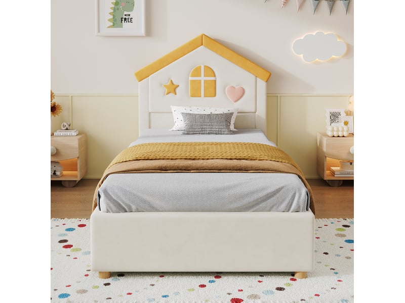  Lit enfant avec rangement tcqpz 90 x 200 cm 4 tiroirs tête de lit maison velours français beige  - Conforama E