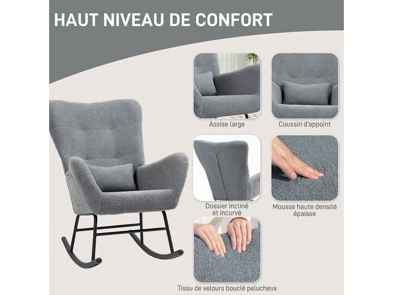  Fauteuil à bascule gris en tissu bouclette avec patins en bois et poche latérale, 120 kg max  - Conforama W