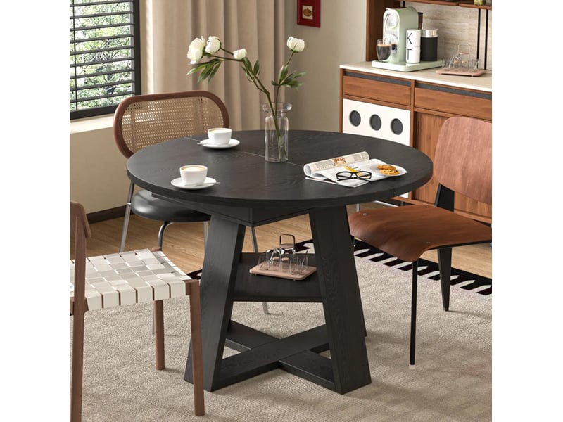  Table de salle à manger extensible pour 4 à 6 personnes avec rangement intégré, ronde, en mdf noir effet bois  - Conforama B