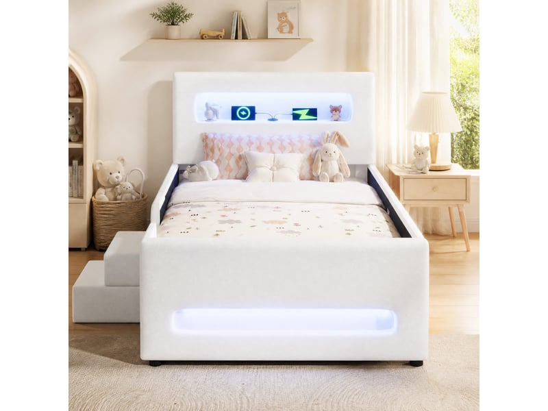  Lit enfant rembourré 90x200 cm avec escalier, tiroir, led et usb, blanc  - Conforama C