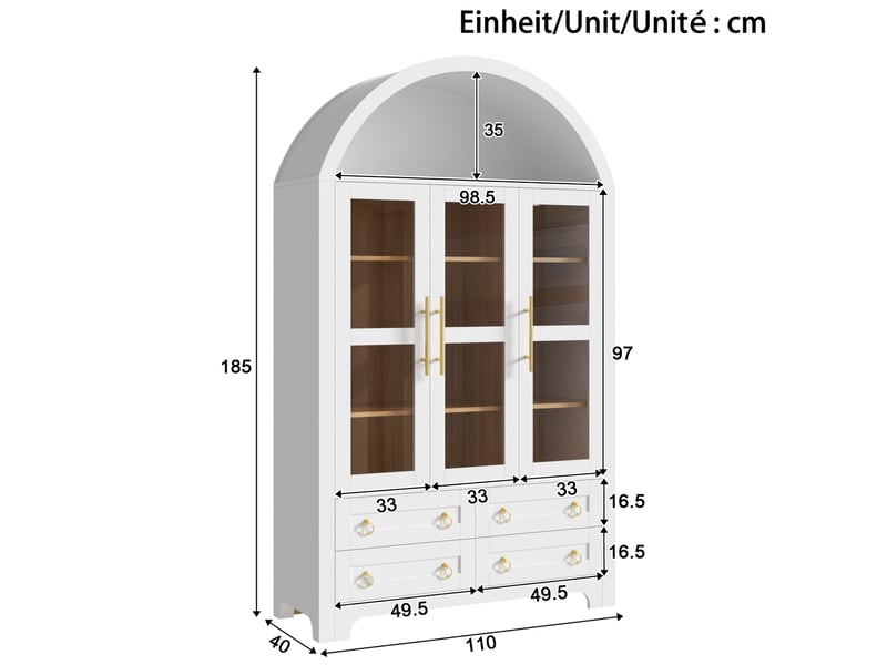 Buffet haut 3 portes vitrées, 4 tiroirs et niche ouverte 110x40x185 cm blanc - Conforama C