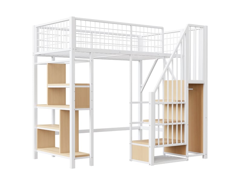  Lit mezzanine blanc 90x200cm avec escalier rangement, bureau et étagères, gain de place, pratique - fer et mdf - pour enfant ado  - Conforama D